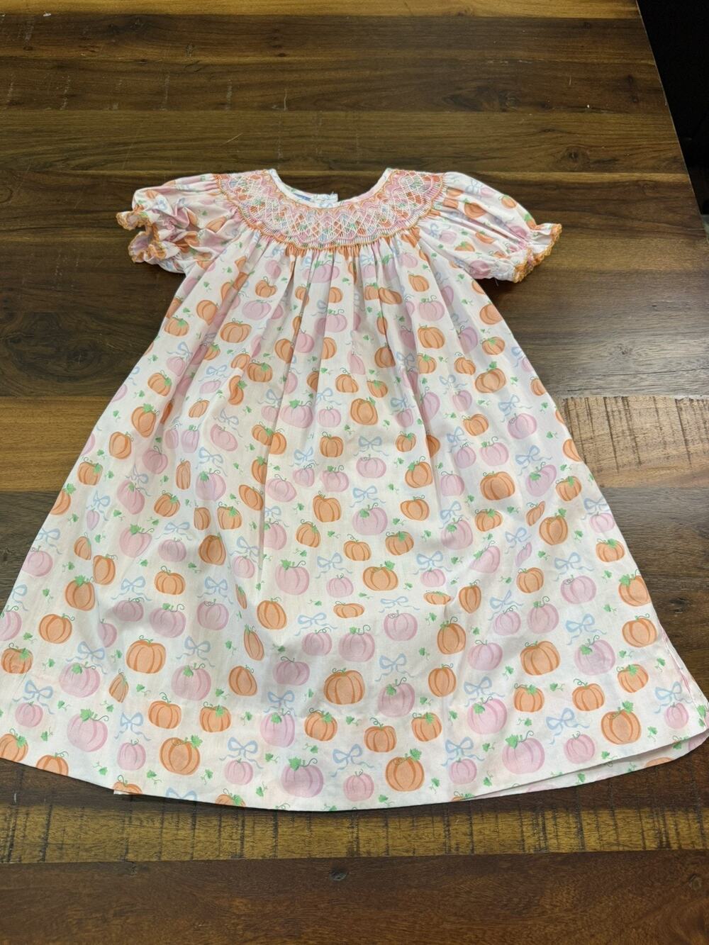 Anavini Boutique Girls Pink & Orange Pumpkins Print Smocked Bishop Dress size 3t